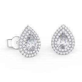 Fusion White Sapphire Pear Halo Platinum plated Silver Stud Earrings