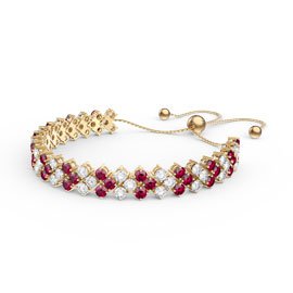 Eternity Three Row Ruby and Diamond CZ 18ct Gold plated Silver Adjustable Tennis Bracelet