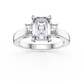 Princess 2ct White Sapphire Emerald Cut Platinum plated Silver Three Stone Promise Ring