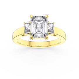 Princess 2ct White Sapphire Emerald Cut 9ct Yellow Gold Three Stone Proposal Ring