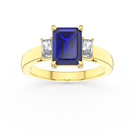 Princess 2ct Sapphire Emerald Cut 9ct Yellow Gold Three Stone Proposal Ring
