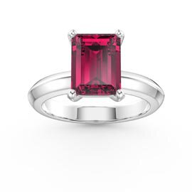 Unity 3ct Ruby Emerald Cut Solitaire Platinum plated Silver Promise Ring