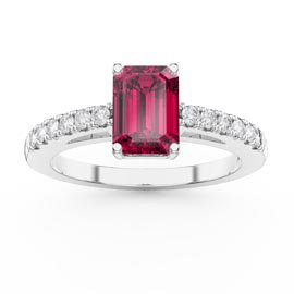 Unity 1ct Ruby Emerald Cut Moissanite Pave 18ct White Gold Proposal Ring