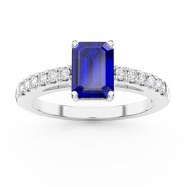 Unity 1ct Blue Sapphire Emerald cut Moissanite Pave 9ct White Gold Proposal Ring