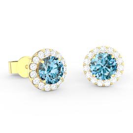 Halo 1ct Swiss Blue Topaz and Moissanite 18ct Yellow Gold Halo Stud Earrings