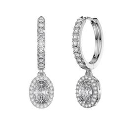 Eternity 1ct White Sapphire Oval Halo Drop Hoop Earrings in Platinum plated Silver