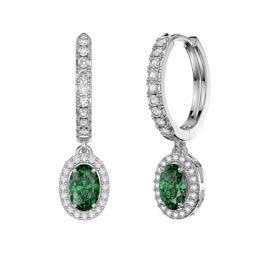 Eternity 1ct Emerald CZ and White Sapphire Oval Halo Drop Hoop Earrings in Platinum plated Silver