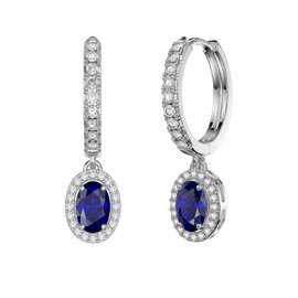 Eternity 1ct Blue and White Sapphire Oval Halo Drop Hoop Earrings in Platinum plated Silver