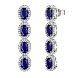 Eternity 4ct Blue and White Sapphire Oval Halo Platinum plated Silver Drop Earrings