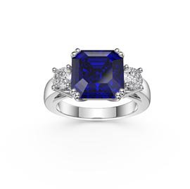 Princess 3ct Blue Sapphire Asscher Cut 18ct White Gold Three Stone Engagement Ring