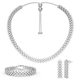 Three Row Diamond CZ Rhodium plated Silver Jewellery Set