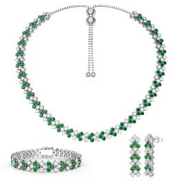 Three Row Emerald and White Sapphire Platinum plated Silver Jewellery Set