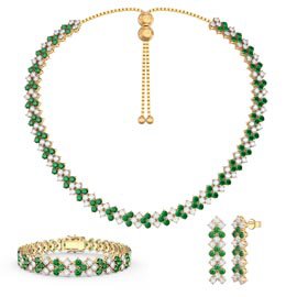Three Row Emerald and Diamond CZ 18ct Gold plated Silver Jewellery Set