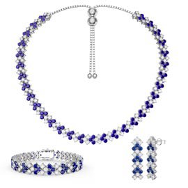 Three Row Blue and White Sapphire Platinum plated Silver Jewellery Set