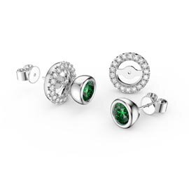 Infinity Emerald and Moissanite 18ct White Gold Stud Earrings Halo Jacket Set