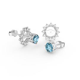 Fusion 1ct Swiss Blue Topaz Lab Diamonds 18ct White Gold Stud Earrings Starburst Halo Jacket Set