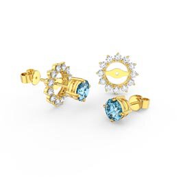 Fusion 1ct Swiss Blue Topaz Lab Diamonds 18ct Yellow Gold Stud Earrings Starburst Halo Jacket Set