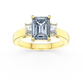 Princess 1.5ct Emerald Cut Aquamarine 18ct Yellow Gold Moissanite Three Stone Engagement Ring