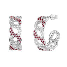 Infinity Ruby and White Sapphire Platinum plated Silver Pave Link Hoop Earrings