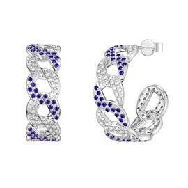 Infinity Blue and White Sapphire Platinum plated Silver Pave Link Hoop Earrings