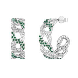 Infinity Emerald CZ and White Sapphire Platinum plated Silver Pave Link Hoop Earrings