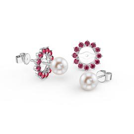 Fusion Pearl Platinum plated Silver Stud Ruby Earrings Halo Jacket Set