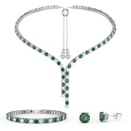 Eternity Asymmetric Drop Emerald and White Sapphire Platinum plated Silver Jewellery Set