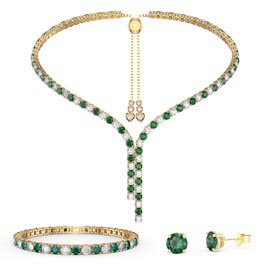 Eternity Asymmetric Drop Emerald and White Sapphire 18ct Gold Vermeil Jewellery Set