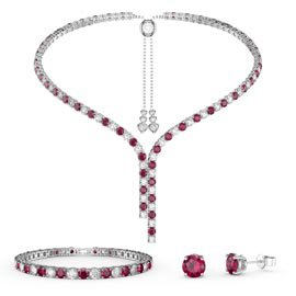Eternity Asymmetric Drop Ruby and Diamond CZ Rhodium plated Silver Jewellery Set