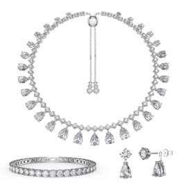 Princess Graduated Pear Drop Diamond CZ Rhodium plated Silver Choker Jewellery Set
