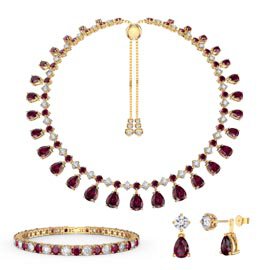 Princess Graduated Pear Drop Ruby 18ct Gold plated Silver Choker Jewellery Set