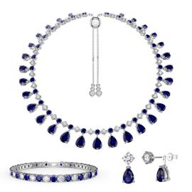 Princess Graduated Pear Drop Blue and White Sapphire Platinum plated Silver Choker Tennis Necklace Jewellery Set