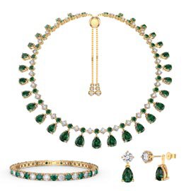 Princess Graduated Pear Drop Emerald 18ct Gold plated Silver Choker Tennis Necklace Jewellery Set