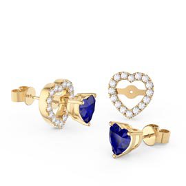 Charmisma Heart Blue Sapphire and Moissanite 18ct Yellow Gold Stud Earrings Halo Jacket Set
