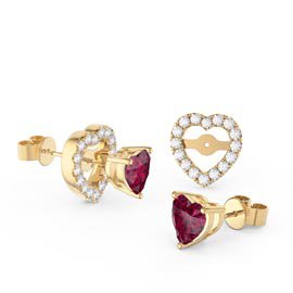 Charmisma Heart Ruby and Moissanite 18ct Yellow Gold Stud Earrings Halo Jacket Set