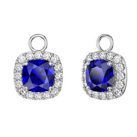 Princess 2ct Sapphire Cushion Cut Halo Platinum plated Silver Interchangeable Earring Drops