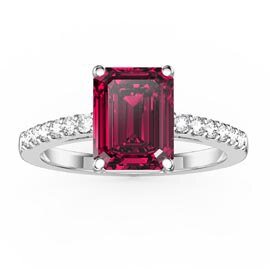 Princess 2ct Ruby Emerald Cut Moissanite Pave 9ct White Gold Proposal ring