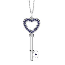 Sapphire Heart Platinum plated Silver Key Pendant