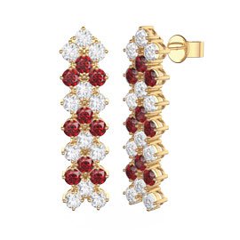 Eternity Three Row Ruby and Diamond CZ 18ct Gold plated Silver Drop Earrings