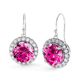 Halo 2ct Pink Sapphire Platinum plated Silver Drop Earrings