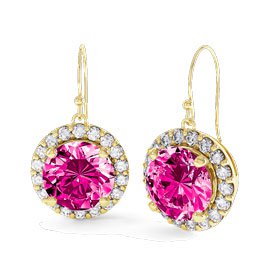 Halo 2ct Pink Sapphire 18ct Yellow Gold Drop Earrings