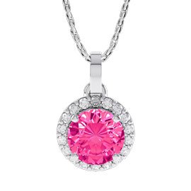 Halo 1ct Pink Sapphire Platinum Finished Silver Pendant