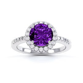 1ct Amethyst Moissanite Platinum plated Silver Halo Promise Ring