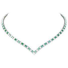 Princess Emerald CZ Rhodium plated Silver Tennis Necklace