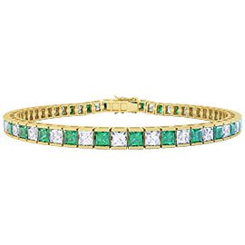 Princess Emerald and Moissanite 9ct Yellow Gold Tennis Bracelet