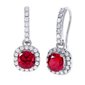 Princess 2ct Ruby and Diamond Halo 18ct White Gold Pave Drop Earrings