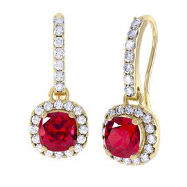 Princess 2ct Ruby and Diamond Halo 18ct Yellow Gold Pave Drop Earrings