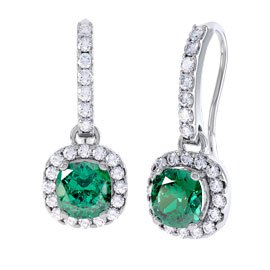 Princess 2ct Emerald Halo 18ct White Gold Pave Drop Earrings
