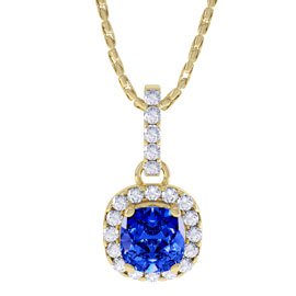 Princess 1ct Blue Sapphire and Diamond Halo 18ct Yellow Gold Pendant