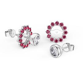 Infinity White Sapphire Platinum plated Silver Stud Earrings Ruby Halo Jacket Set